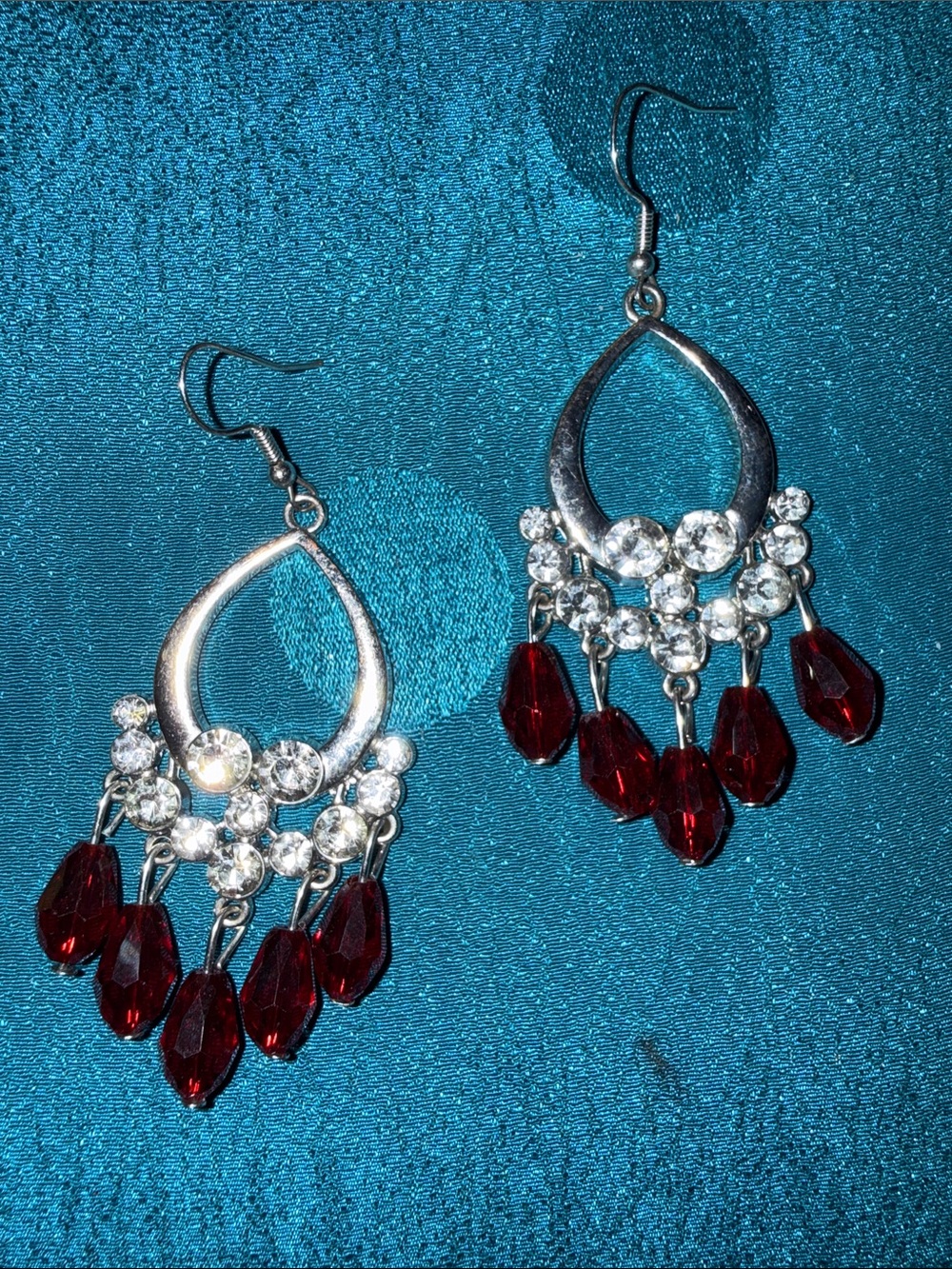 Silver Teardrop Earrings with Red Crystal Drops
